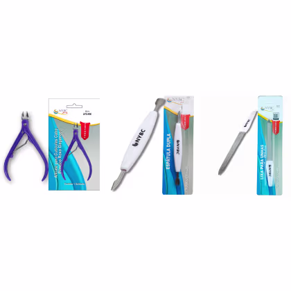 Kit NYBC Beauty Alicate para Cutículas Roxo + Espátula Dupla + Lixa, 3 produtos.