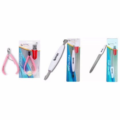 Kit NYBC Beauty Alicate para Cutículas Rosa + Espátula Dupla + Lixa, 3 produtos.