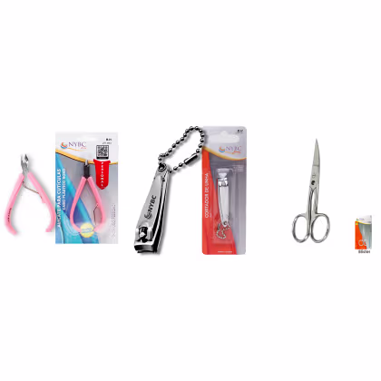 Kit NYBC Beauty Alicate para Cutículas Rosa + Cortador de Unha + Tesoura Ponta Larga, 3 produtos.