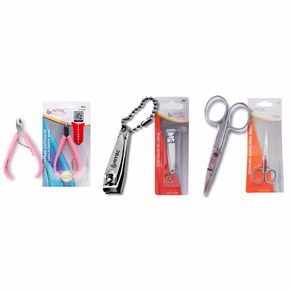 Kit NYBC Beauty Alicate para Cutículas Rosa + Cortador de Unha + Tesoura Reta, 3 produtos.