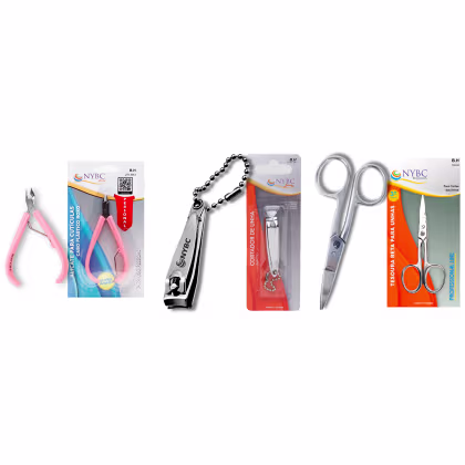 Kit NYBC Beauty Alicate para Cutículas Rosa + Cortador de Unha + Tesoura Larga Inox, 3 produtos.