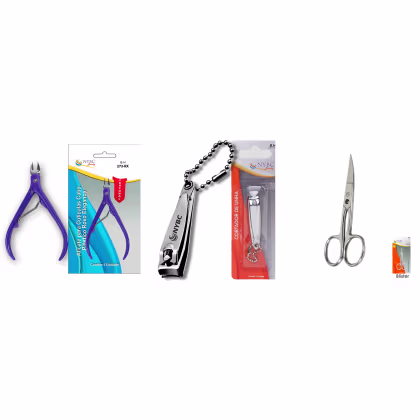 Kit NYBC Beauty Alicate para Cutículas Roxo + Cortador de Unha + Tesoura Curva, 3 produtos.