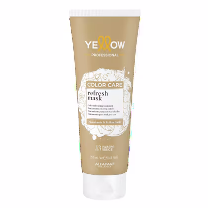 Tubo dourado de máscara de tratamento para cabelos coloridos da linha Yellow Professional, com rótulo indicando "Color Care Refresh Mask" e informações sobre o produto.
