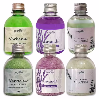 Imagem do produto Kit 3 Espumas banho Banheira + 3 Sais de banho Espumante Relaxante Capim Limão Lavanda Alecrim 250g Cada