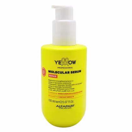 Frasco de soro molecular da marca Yellow, com embalagem amarela e branca, contendo 150 ml do produto. O rótulo indica que o soro é da linha "Repair" e possui fórmula com Bond Complex e manteiga de cacau.