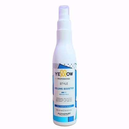 Frasco branco de spray volumizador de cabelos da linha Yellow Professional, com rótulo azul e amarelo indicando "Volume Booster" e "Medium Hold".