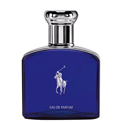 Frasco de perfume da marca Ralph Lauren, com design elegante e sofisticado. Embalagem azul escuro com logotipo da marca em prata. Rótulo indica "Eau de Parfum" em destaque.