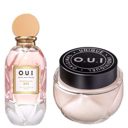 O frasco maior possui um rótulo com o texto "O.U.I. MADELEINE 862 EAU DE PARFUM PARIS" em letras douradas. O frasco menor possui uma trampa preto com o texto "O.U.I. ORIGINAL UNIQUE INDIVIDUEL" em branco. 