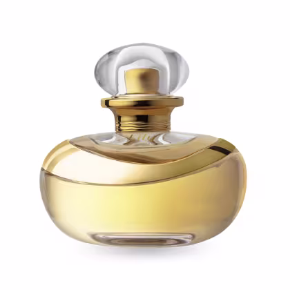 Esta imagem mostra um frasco de perfume luxuoso da marca Lily. O frasco tem um design elegante e sofisticado com cores douradas e transparentes. O frasco tem uma forma curvilínea e chamativa, característica dos produtos de alta qualidade da marca Lily.