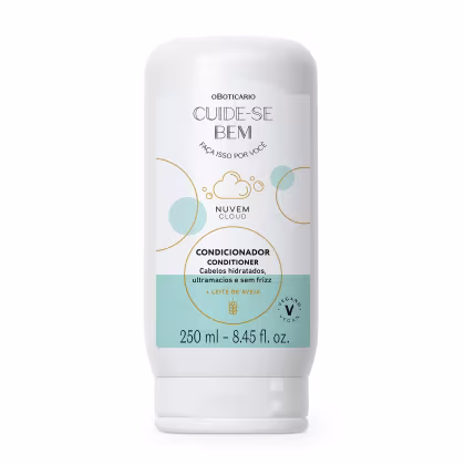 Condicionador para cabelos hidratados, ultramacios e sem frizz, da linha Nuvem Cloud. Embalagem plástica branca opaca de 250 ml. Predominam as cores branca, azul claro e dourada.