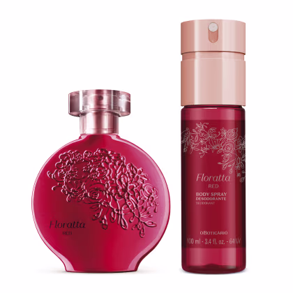 Perfume Floratta Red em frasco de vidro vermelho arredondado com detalhes florais em alto relevo. Desodorante corporal Floratta Red em frasco plástico cilíndrico rosa com detalhes vermelhos. Ambos os produtos apresentam o nome "Floratta Red".