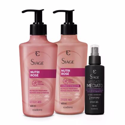 Imagem do produto Combo Siáge: Shampoo Nutri Rosé 400ml + Condicionador Nutri Rosé 400ml + Leave-in Resgate Imediato 100ml