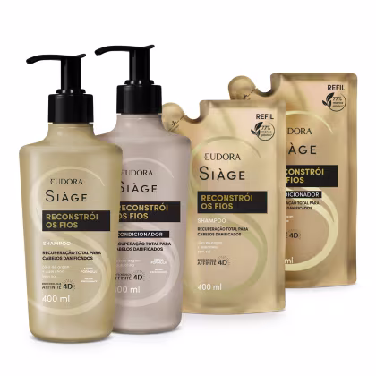 Imagem do produto Kit Siàge Reconstrói Fios: Shampoo 400ml + Refil Shampoo 400ml + Condicionador 400ml + Refil Condicionador 400ml