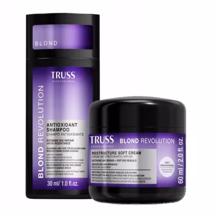 O produto de beleza da marca TRUSS apresenta um frasco preto com rótulo roxo, contendo um shampoo antioxidante para cabelos loiros. Também há um pote preto com rótulo roxo, contendo um creme reestruturante para cabelos loiros.