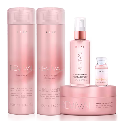 Imagem do produto Kit Braé Revival Shampoo 250ml + Condicionador 250ml + Máscara 200g + Gorgeous Shine 60ml + Ampola 13ml