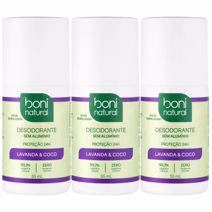 Imagem do produto Kit 3 Desodorante Boni Natural Roll-On Natural Coco E Magnésio Vegano Lavanda 24Hrs Proteção 55ml