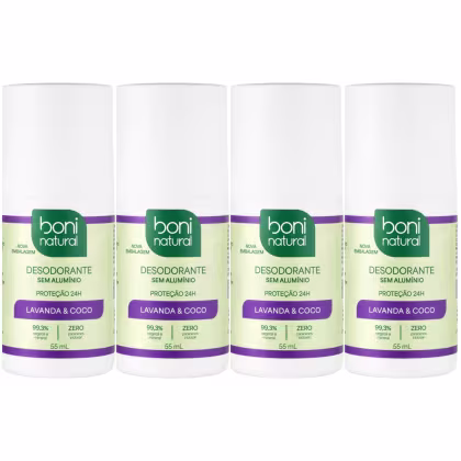 Imagem do produto Kit 4 Desodorante Boni Natural Roll-On Natural Coco E Magnésio Vegano Lavanda 24Hrs Proteção 55ml