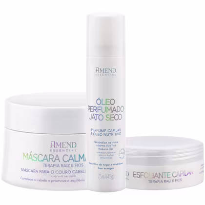 Conjunto de produtos Amend Essencial, incluindo máscara capilar, óleo perfumado e esfoliante capilar, em embalagens brancas com detalhes em azul e verde, exibindo os nomes e descrições dos produtos.