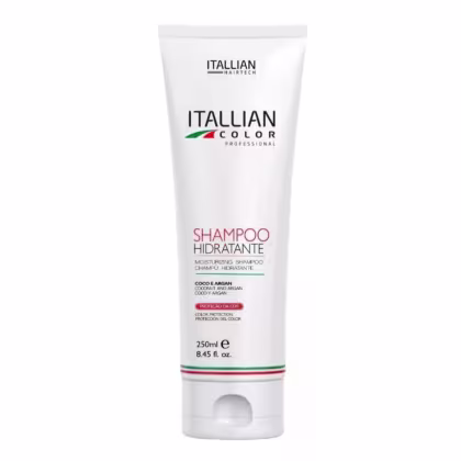 Shampoo hidratante da linha Itallian Color Professional. Texto "Shampoo Hidratante", descrevendo o produto como shampoo hidratante com coco e argan. Informações como volume de 250ml e proteção de cor.