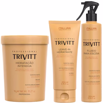 Máscara capilar de hidratação intensiva, leave-in hidratante e fluido para escova.