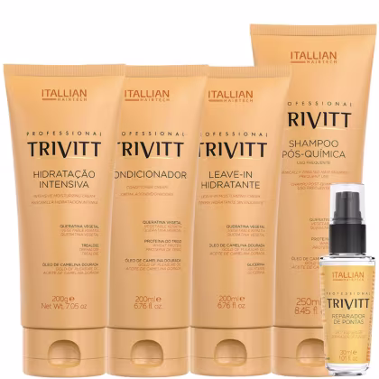 Máscara de tratamento, condicionador, leave-in, shampoo e reparador de pontas.