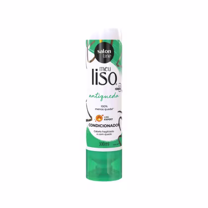 O produto apresentado é um condicionador da linha Salon Line, com a marca "Meu Liso" e o nome "Antiqueda" impresso no rótulo. A embalagem é um frasco plástico verde, com 300ml de capacidade.