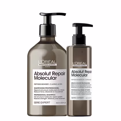 A imagem mostra dois produtos da L’Oréal Professionnel. Um frasco de shampoo arredondado e um de sérum mais comprido, em embalagens marrom, rótulos brancos e pump preto.