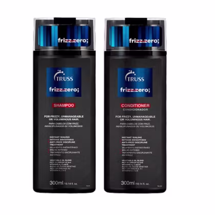 Kit com shampoo e condicionador Frizz Zero da marca TRUSS.