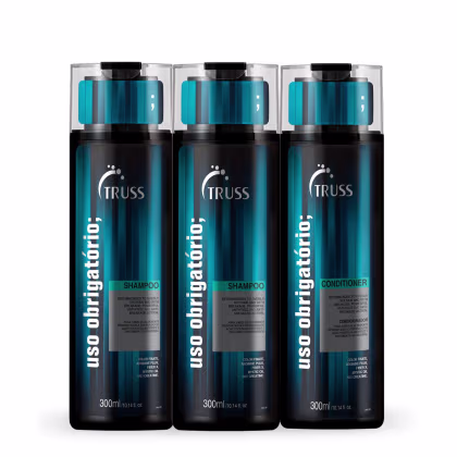 Kit com shampoos e condicionador Uso Obrigatório, da marca TRUSS.