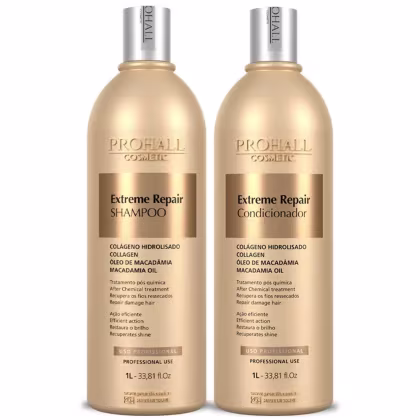 Kit com shampoo e condicionador Extreme Repair, da marca Prohall Cosmetic.