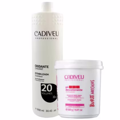 O produto é um kit para descoloração de cabelos da marca Cadiveu Professional. Inclui um frasco plástico branco de 900ml contendo oxidante estabilizada com 20 volumes (6%), e um pote plástico branco de 500g com pó descolorante.