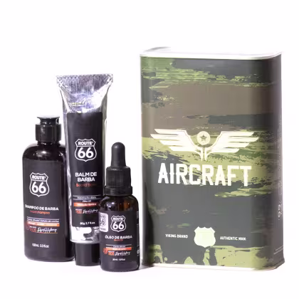 Imagem do produto Kit de Barba na Lata Aircraft com Shampoo 100ml, Balm 80ml e Óleo 30ml - Route 66 - Viking