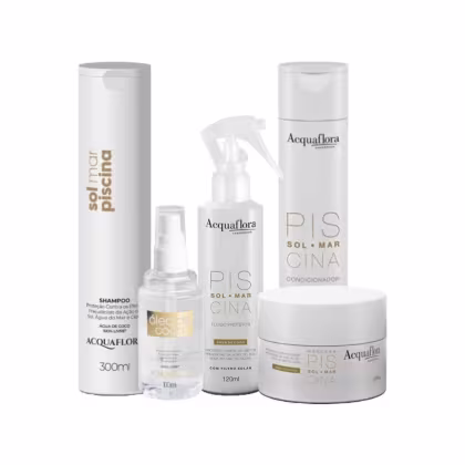 Conjunto de produtos de beleza da marca Acquaflora, incluindo shampoo, fluido protetor, condicionador e máscara, em embalagens brancas com detalhes dourados e textos informativos.