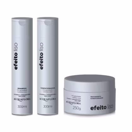 Conjunto de produtos Acquaflora para cabelos lisos, incluindo shampoo, condicionador e tratamento condicionante em embalagens brancas e cinzas com rótulos em português.
