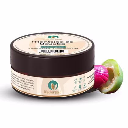 O produto apresentado é um pote de manteiga de ucuuba da marca Oleoterapia Brasil. Ao lado do pote, há a imagem do fruto amazônico ucuuba.