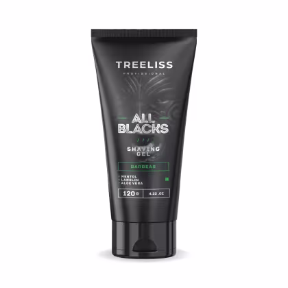 Produto de barbear All Blacks Shaving Gel da marca TreeLiss Professional. Embalagem preta opaca com detalhes em verde. Rótulo com o nome do produto. Informações sobre os ingredientes mentol, lanolina e aloe vera. Peso líquido de 120g.