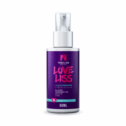 Leave-in da marca TreeLiss Profissional. Frasco contendo 60ml. Rótulo roxo com o nome do produto "Love Liss" em letras vermelhas, descrito como "Liquid Keratin" (Queratina Líquida) e "Fluido Termoativo Liso" (Fluido Termoativo Liso).
