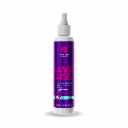 Leave-in da marca TreeLiss Profissional. Frasco contendo 250ml. Rótulo roxo com o nome do produto "Love Liss" em letras vermelhas, descrito como "Liquid Keratin" (Queratina Líquida) e "Fluido Termoativo Liso" (Fluido Termoativo Liso).