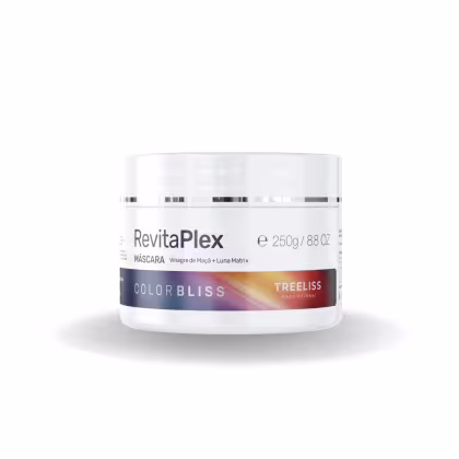 Máscara capilar da linha RevitaPlex da marca TreeLiss Professional. A embalagem é um pote branco de 250g. Na parte frontal do pote, há o logotipo "RevitaPlex" em letras pretas, a descrição "Máscara Vinagre de Maçã + Luna Matrix".