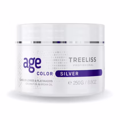 Máscara matizadora para cabelos loiros e platinados da linha TreeLiss Profissional Age Color Silver. Rótulo indicando que contém óleos de coco e argan. Peso de 250g/8.8oz.