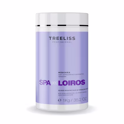 Máscara anti-emborrachamento vegana Spa dos Loiros da TreeLiss Profissional. Rótulo com o nome em letras grandes, descrição "Máscara Anti Emborrachamento Vegano" e informações como ingredientes "Óleos Essenciais & Vinagre", peso 1kg/35,2oz.