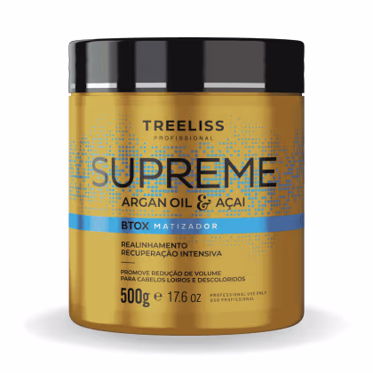Embalagem dourada com detalhes em preto. Rótulo com o nome "Supreme Argan Oil & Açaí" e a descrição "Btox Matizador - Realinhamento Recuperação Intensiva". Indicado para redução de volume e cabelos loiros e descoloridos. Peso de 500g