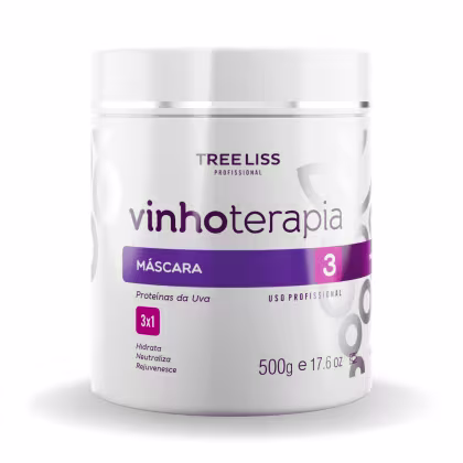 Máscara capilar Vinhotherapia da marca TreeLiss Profissional. Rótulo roxo com o nome do produto "Vinhotherapia Máscara 3x1" e descrição "Neutraliza + Hidrata + Rejuvenesce" em letras brancas. Peso líquido de 500g.