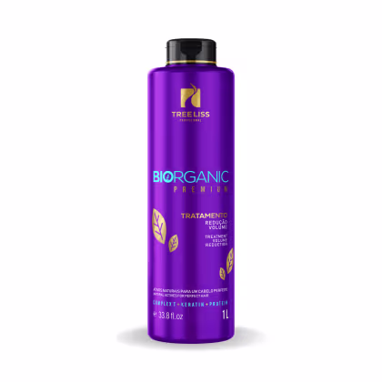 Produto de tratamento capilar TreeLiss Biorganic Premium para redução de volume. Embalagem cilíndrica de cor roxa com tampa preta. Rótulo exibe o logotipo da marca TreeLiss, o nome "Biorganic Premium" e a descrição "Tratamento Redução Volume"