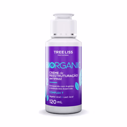 Produto de tratamento capilar TreeLiss Profissional Bio Organic. Frasco de 120ml com tampa branca. Rótulo roxo com texto descrevendo o produto como "Creme de Reestruturação Antifrizz".