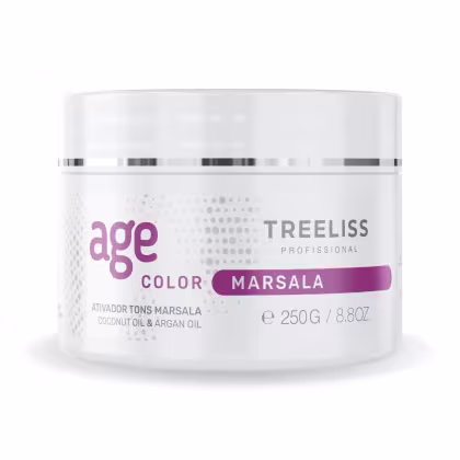 Produto de coloração capilar da linha Age Color Marsala da marca TreeLiss Profissional.  Rótulo indicando que contém 250g/8.8oz do produto "Ativador Tons Marsala" com óleos de coco e argan.
