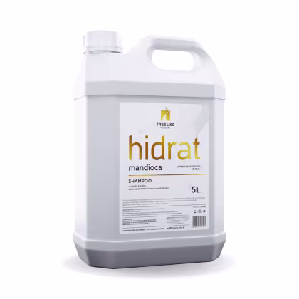Shampoo da linha TreeLiss Profissional. Embalagem de 5 litros com alça integrada. Rótulo frontal amarelo com o nome "hidrat" em letras maiúsculas marrons. Descrição do produto como "shampoo nutrição e brilho para cabelos secos e ressecados".