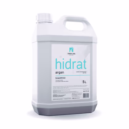 Shampoo hidratante concentrado com argan da linha TreeLiss Profissional. Embalagem de 5 litros com alça integrada. Rótulo frontal com o nome do produto "hidrat argan" em letras azuis, além do logotipo da marca TreeLiss.