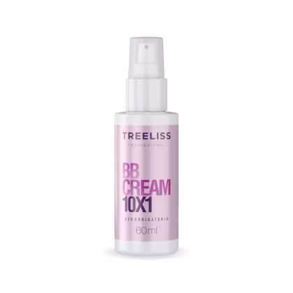 Leave-in BB Cream 10x1 da marca TreeLiss Profissional. Rótulo rosa com o nome do produto "BB CREAM 10X1" em letras brancas maiúsculas. Cor predominante é o rosa claro com detalhes em branco. 60ml
