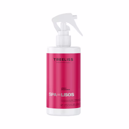 Produto de tratamento capilar Treeliss Profissional. Embalagem spray com tampa borrifadora branca. Corpo vermelho com o logotipo "Treeliss Profissional" e o nome do produto "Spa dos Lisos Spray Aminomix" em letras brancas. Rótulo indicando volume de 250ml